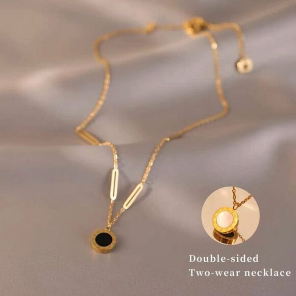 Gold Plated Stainless Steel Round Double Sided Pendant Necklace - Picture 2 of 4